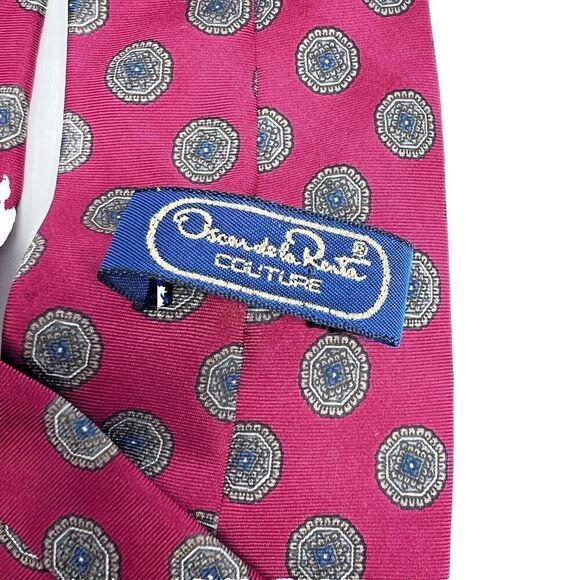 VTG OSCAR DE LA RENTA Couture MAROON BLUE Oval Print  Men's NECK TIE - Picture 4 of 14